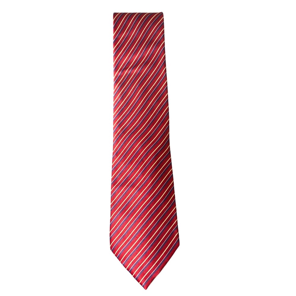 Umo Lorenzo 100%‎ Silk Hand Made in Italy Tie Red with Purple and Yellow Stripes